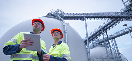 Two engineers in inspecting something unidentifiable in the distance